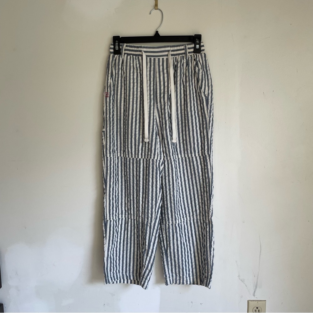 BDG “Modern Day” blue and white striped cotton and linen blend pants.